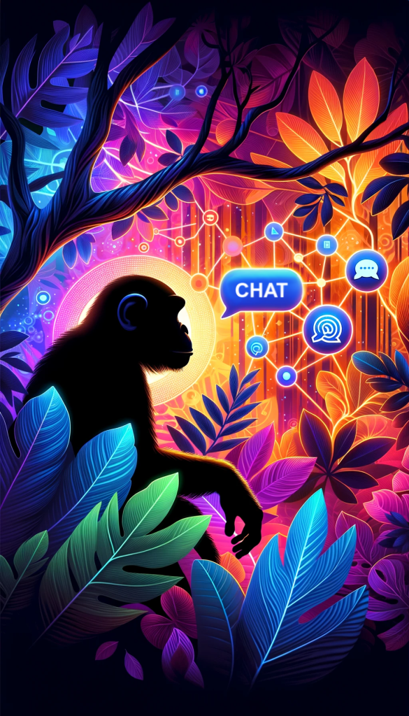 ortrait-oriented-scene-where-a-radiant-jungle-backdrop-comes-alive-in-tones-of-orange-purple-and-blue.-Glowing-chat-symbols-and-AI-motifs-emerge