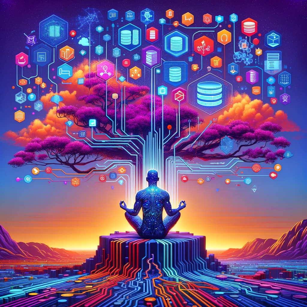Een illustratie die de integratie van mens en technologie uitbeeldt met een mediterend persoon die verbonden is met een boom waaruit diverse technologie- en communicatie-iconen voortkomen, allemaal boven een futuristische stadslandschap.