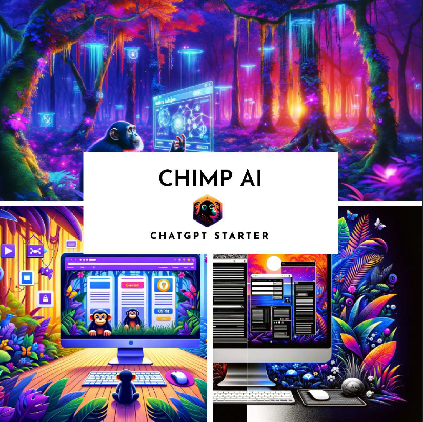 Promotionele collage voor CHIMP AI met een bovenste paneel dat een chimpansee toont die een futuristisch bedieningspaneel gebruikt in een neonverlichte jungle, en een onderste paneel met diverse gebruikersinterfaces op computermonitoren met een floraal en digitaal thema